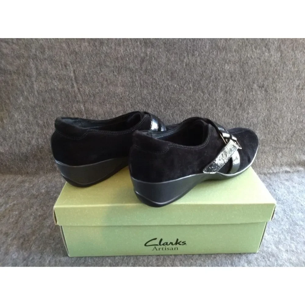 Clarks Artisan Black Suede Shoes Embrace Joy Wedge Women 9M Active Air NIB‎ NEW